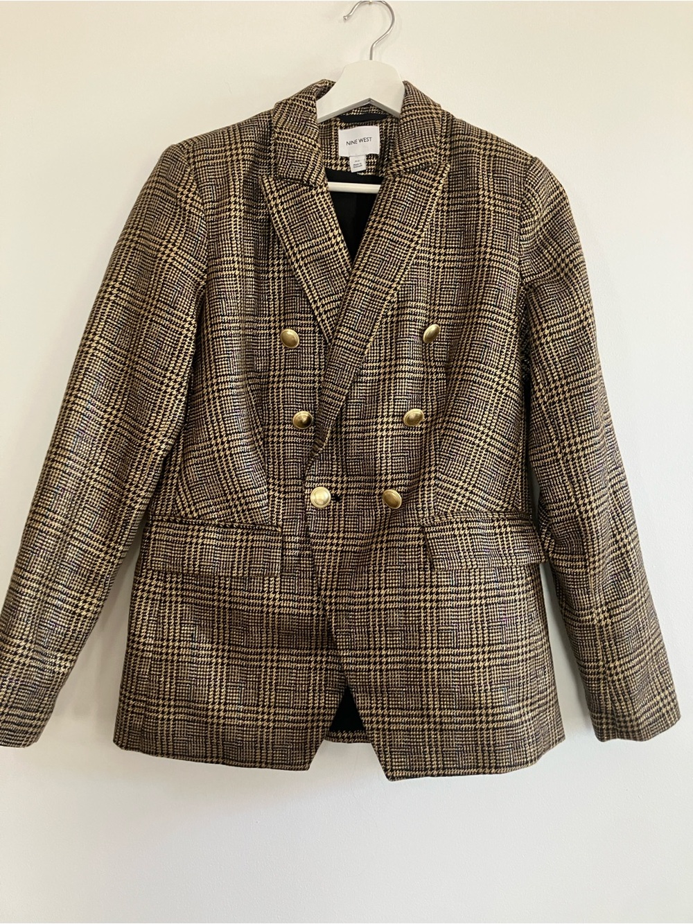 Nine West Tweed Plaid Double-Breasted Blazer in Black and Gold sz XS/S